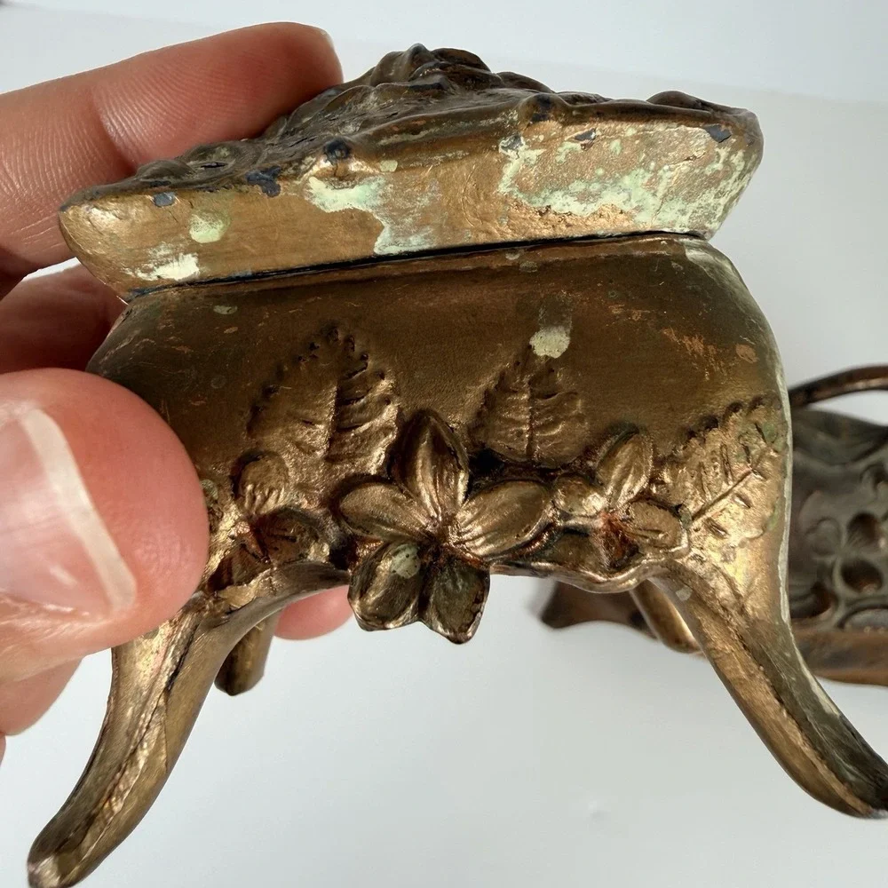 2 Antique Victorian Jewelry Trinket Box Art Nouveau Casket Gold Gilt Floral Rose